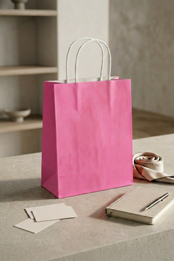 31x12x41 PEMBE Renk Karton Çanta 25 Li Beyaz Sap