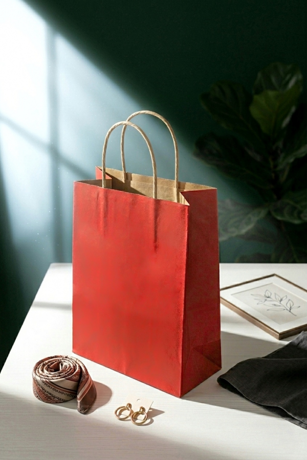 18x8x24 KIRMIZI Renk Karton Çanta 25 Li KAHVE Sap