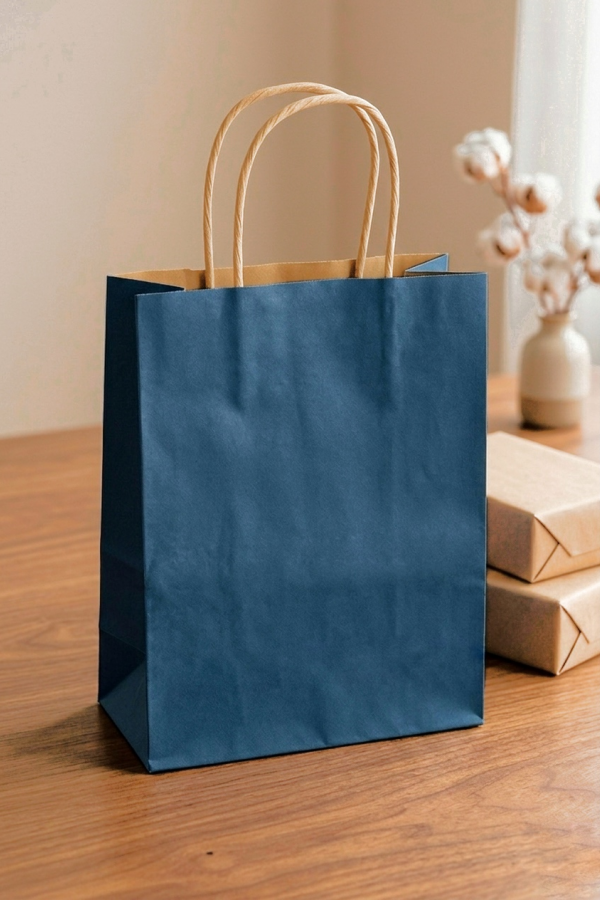 18x8x24 LACİVERT Renk Karton Çanta 25 Li KAHVE Sap