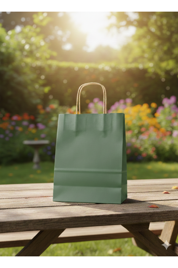 18x8x24 KOYU YEŞİL Renk Karton Çanta 25 Li KAHVE Sap